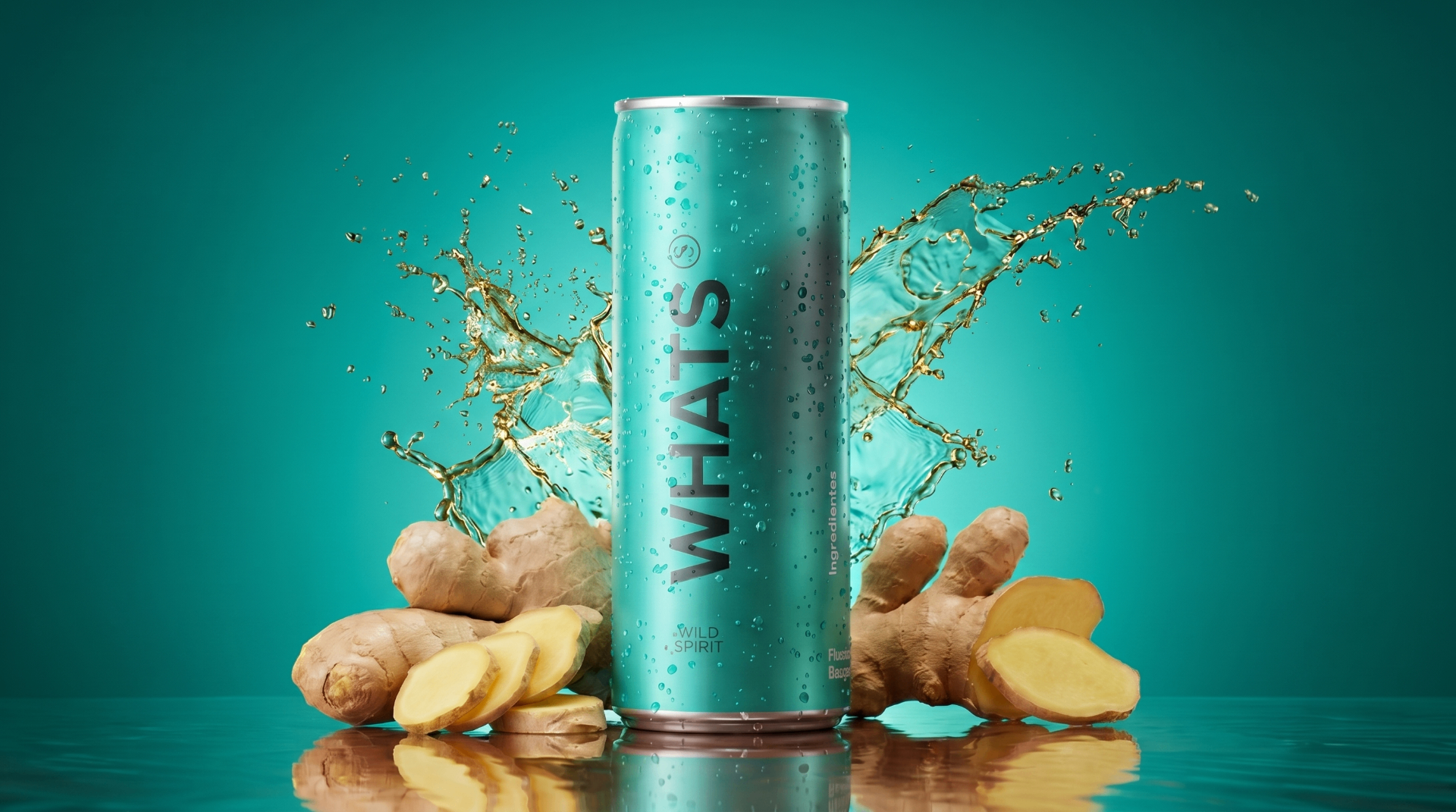 WHATS Wild Ginger natural energy drink can with fresh ginger and splash